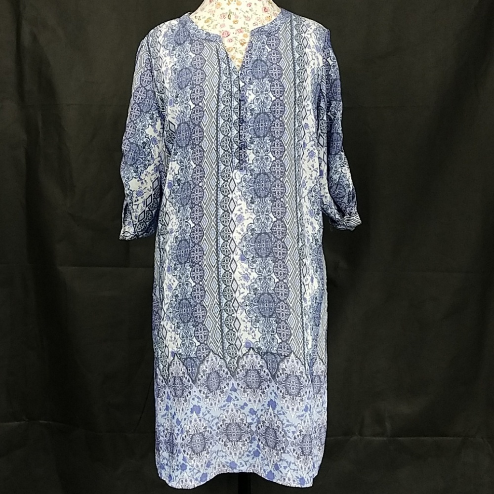 KIM ROGERS Boho Tunic Top Navy Blue Festival Petite women's dress Sz PL